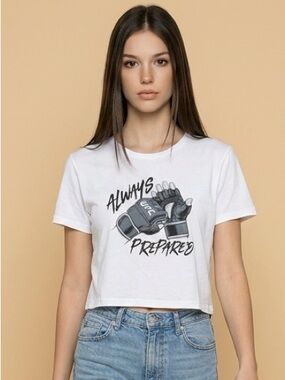 NWT UFC Women’s White Short Sleeve Graphic Crop Top “Always Prepared” - Size L